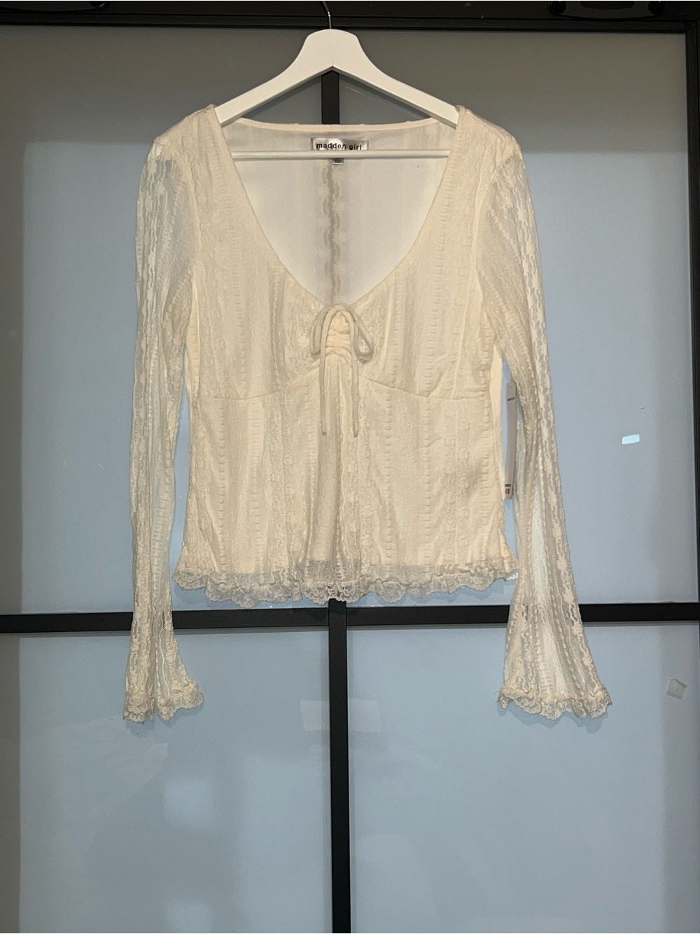 Madden Girl Ivory Lace Long Sleeve Tie Front Y2K Coquette Top Size L